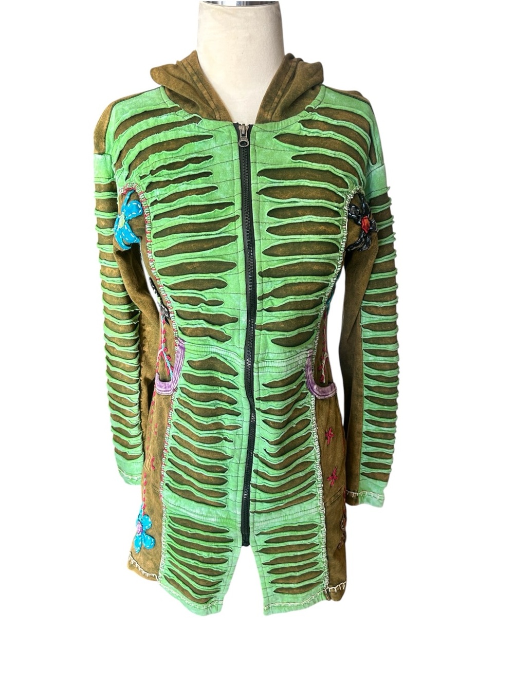 Rising International hippie boho zip up hooded long Fall jacket Size Small